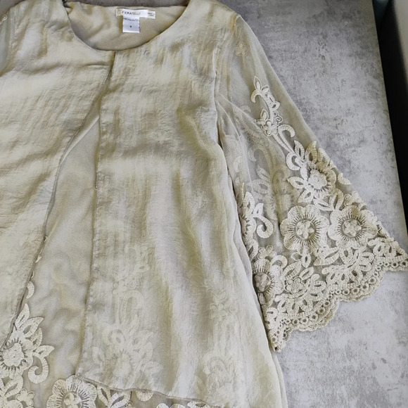 Feratelli Sheer Lace Layered Long Flowy Top Green Lagenlook Fairycore Size Small - Picture 9 of 13